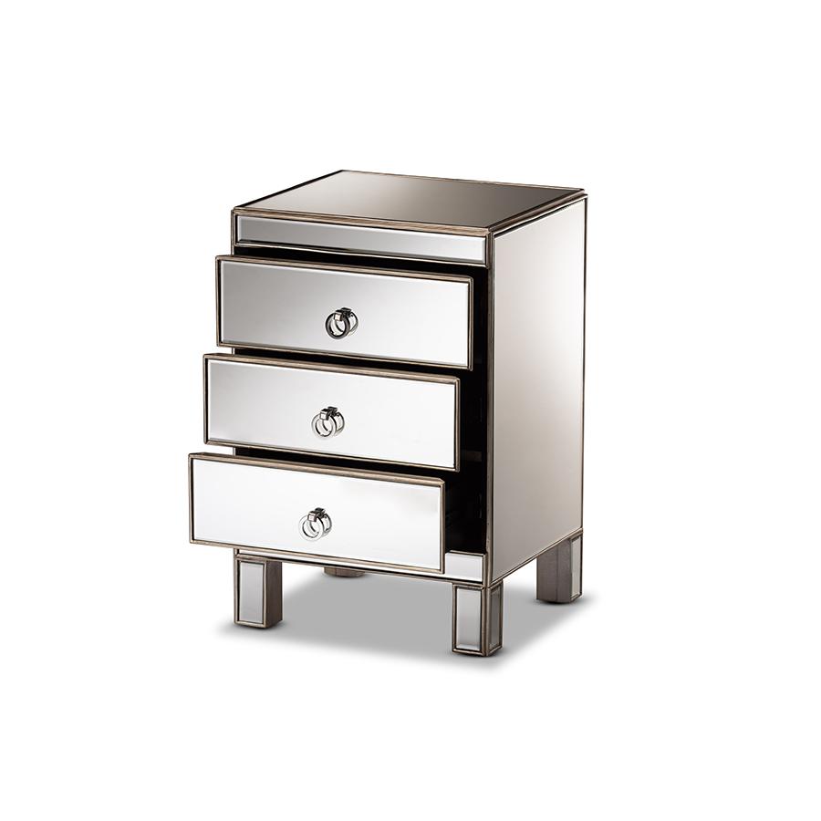 Ewan Contemporary Glam and Luxe Mirrored 3-Drawer Nightstand. Picture 2