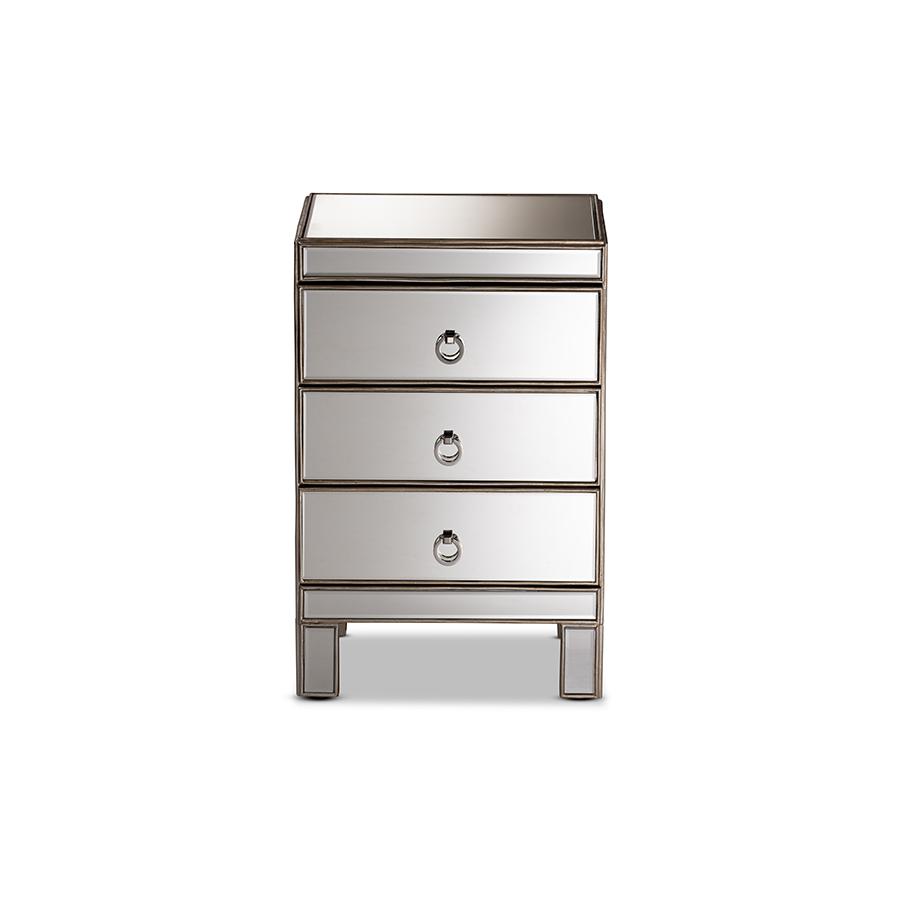 Ewan Contemporary Glam and Luxe Mirrored 3-Drawer Nightstand. Picture 3