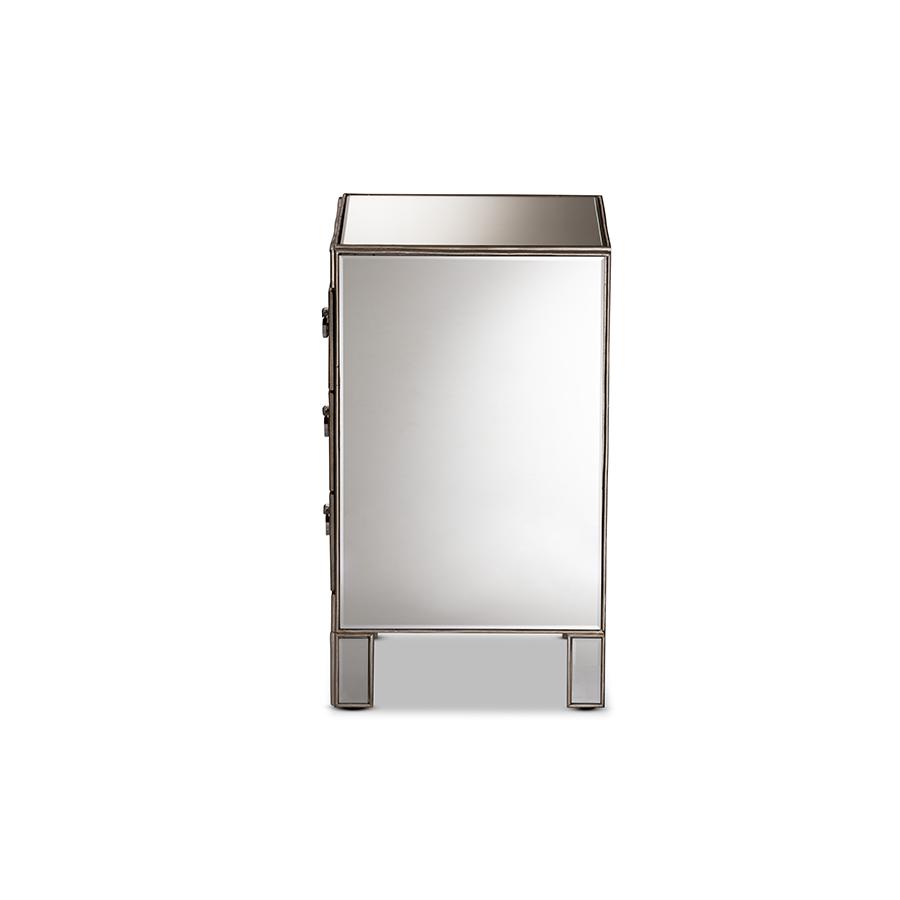 Ewan Contemporary Glam and Luxe Mirrored 3-Drawer Nightstand. Picture 4