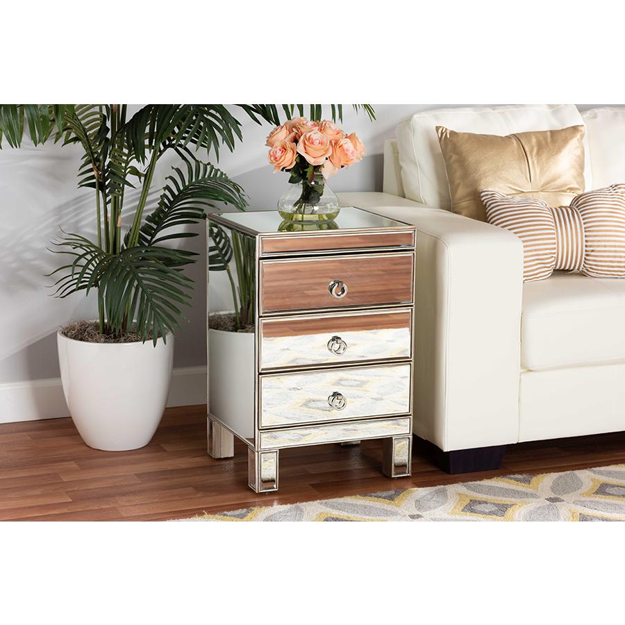 Ewan Contemporary Glam and Luxe Mirrored 3-Drawer Nightstand. Picture 6