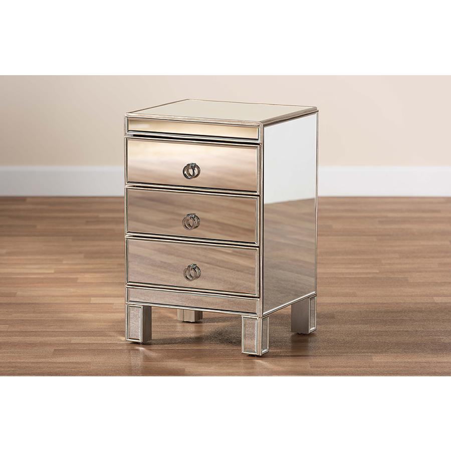 Ewan Contemporary Glam and Luxe Mirrored 3-Drawer Nightstand. Picture 7