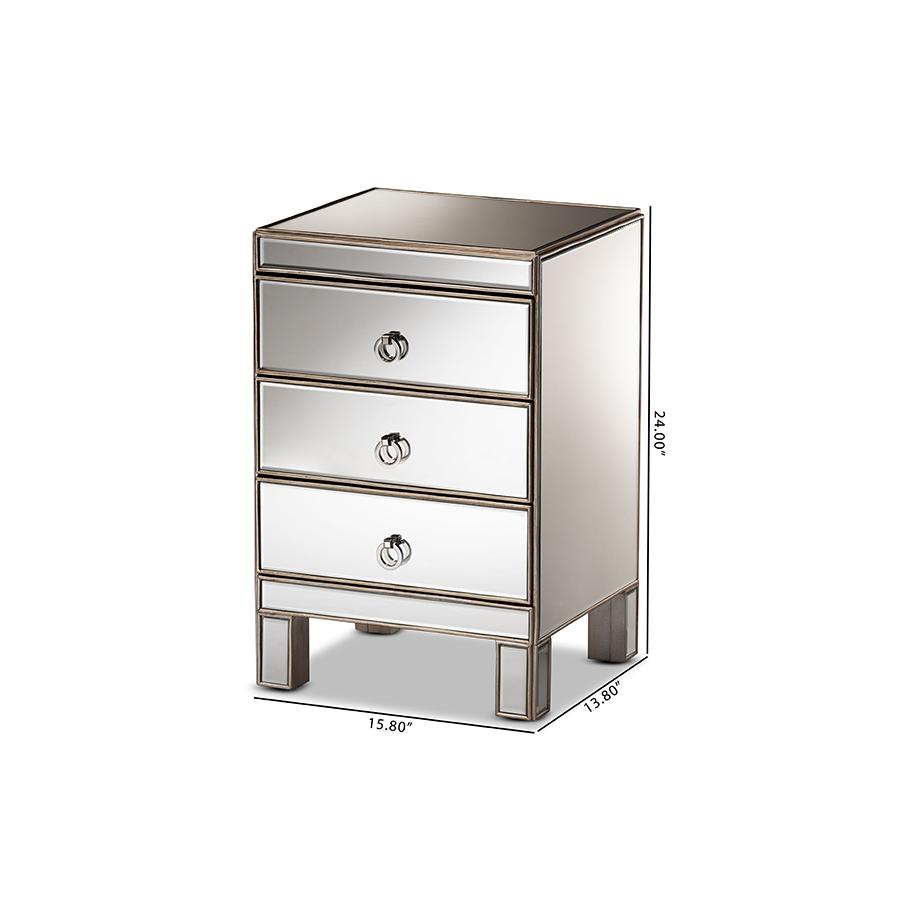 Ewan Contemporary Glam and Luxe Mirrored 3-Drawer Nightstand. Picture 8