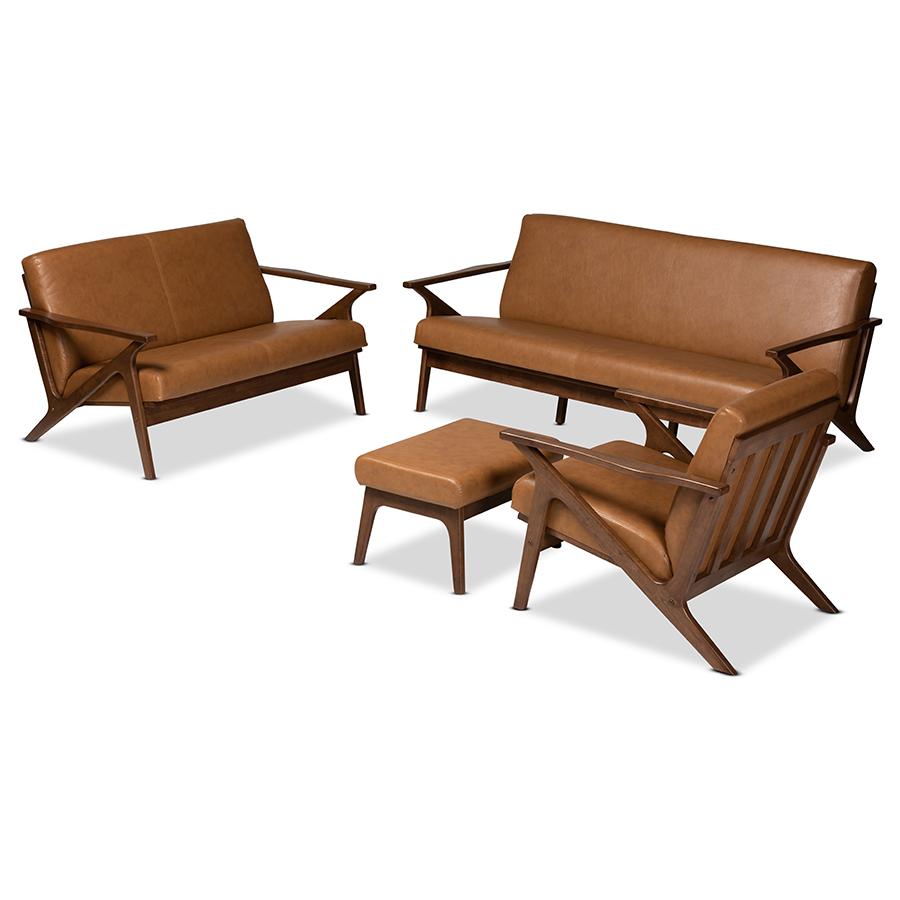 Baxton Studio Bianca Mid-Century Modern Walnut Brown Finished Wood and Tan Faux Leather Effect 4-Piece Living Room Set. The main picture.