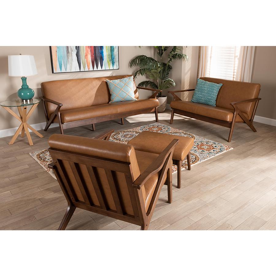 Baxton Studio Bianca Mid-Century Modern Walnut Brown Finished Wood and Tan Faux Leather Effect 4-Piece Living Room Set. Picture 8
