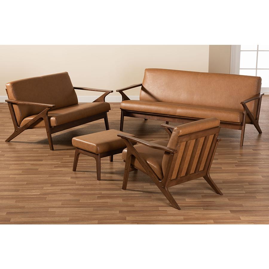 Baxton Studio Bianca Mid-Century Modern Walnut Brown Finished Wood and Tan Faux Leather Effect 4-Piece Living Room Set. Picture 9