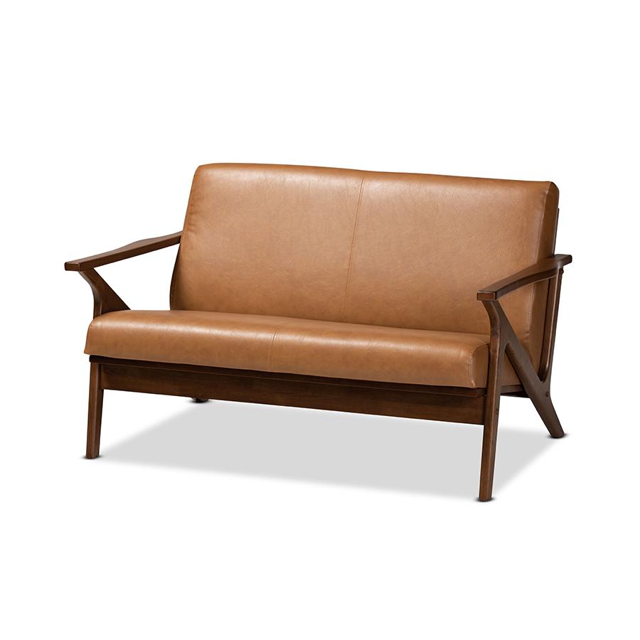 Baxton Studio Bianca Mid-Century Modern Walnut Brown Finished Wood and Tan Faux Leather Effect Loveseat. Picture 1