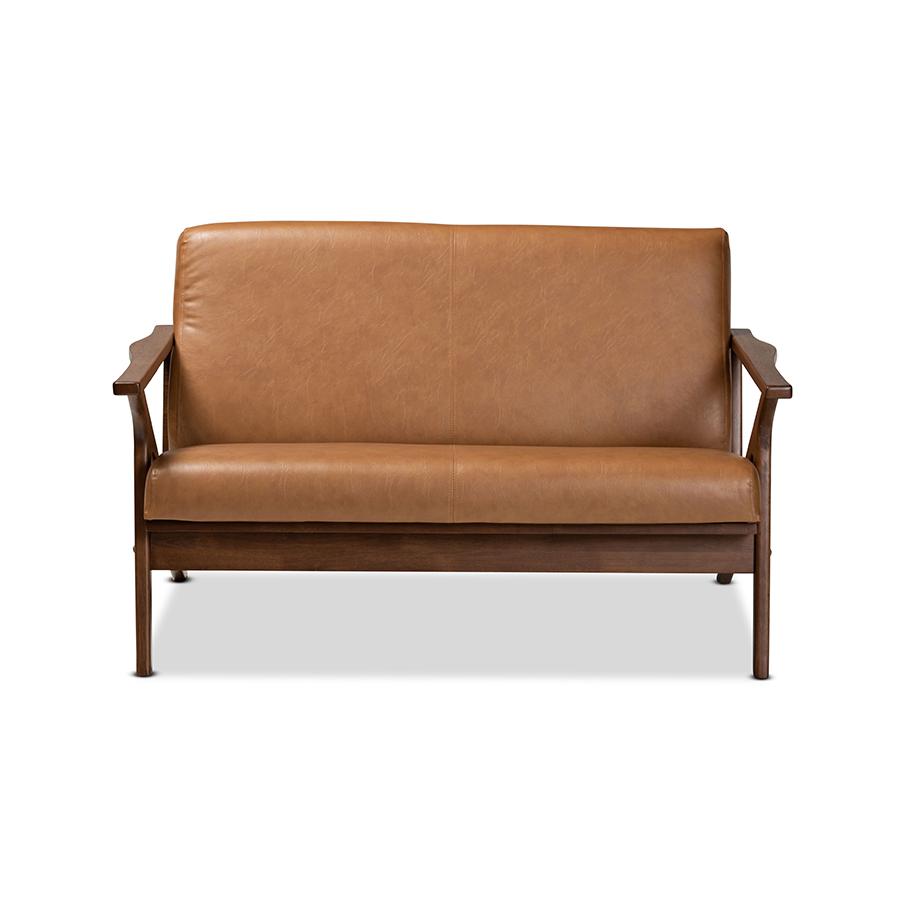 Baxton Studio Bianca Mid-Century Modern Walnut Brown Finished Wood and Tan Faux Leather Effect Loveseat. Picture 2