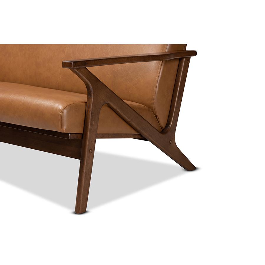 Baxton Studio Bianca Mid-Century Modern Walnut Brown Finished Wood and Tan Faux Leather Effect Loveseat. Picture 6
