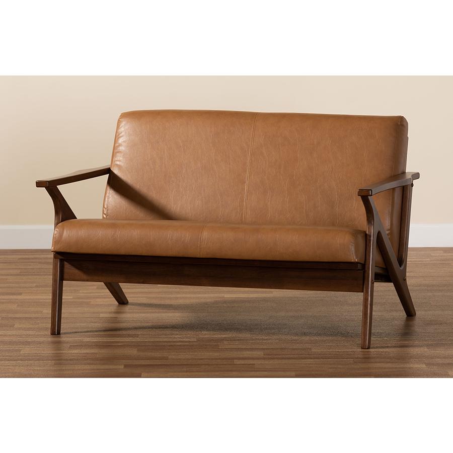 Baxton Studio Bianca Mid-Century Modern Walnut Brown Finished Wood and Tan Faux Leather Effect Loveseat. Picture 8