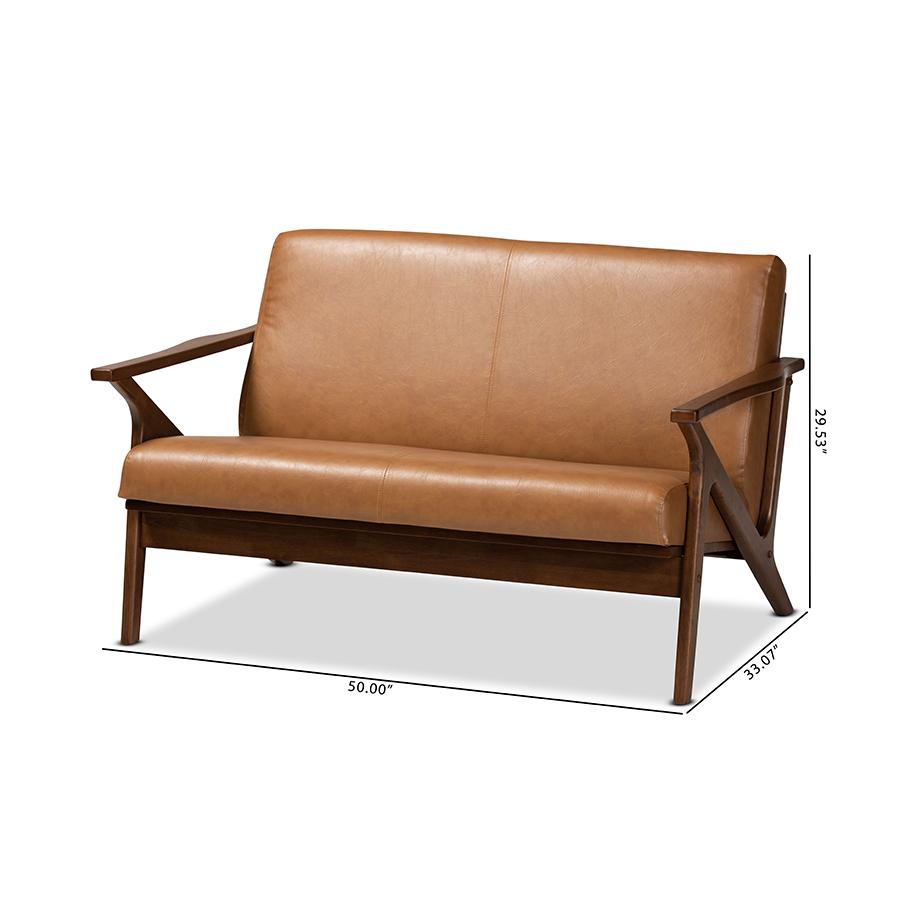 Baxton Studio Bianca Mid-Century Modern Walnut Brown Finished Wood and Tan Faux Leather Effect Loveseat. Picture 9