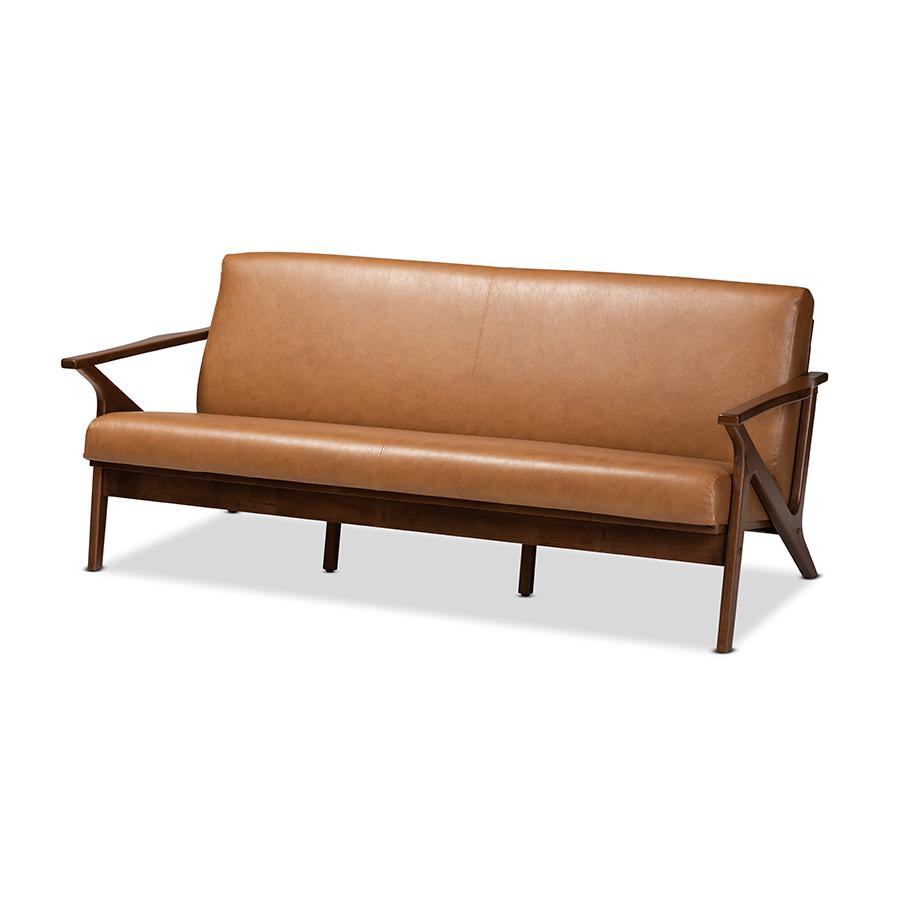 Baxton Studio Bianca Mid-Century Modern Walnut Brown Finished Wood and Tan Faux Leather Effect Sofa. Picture 1