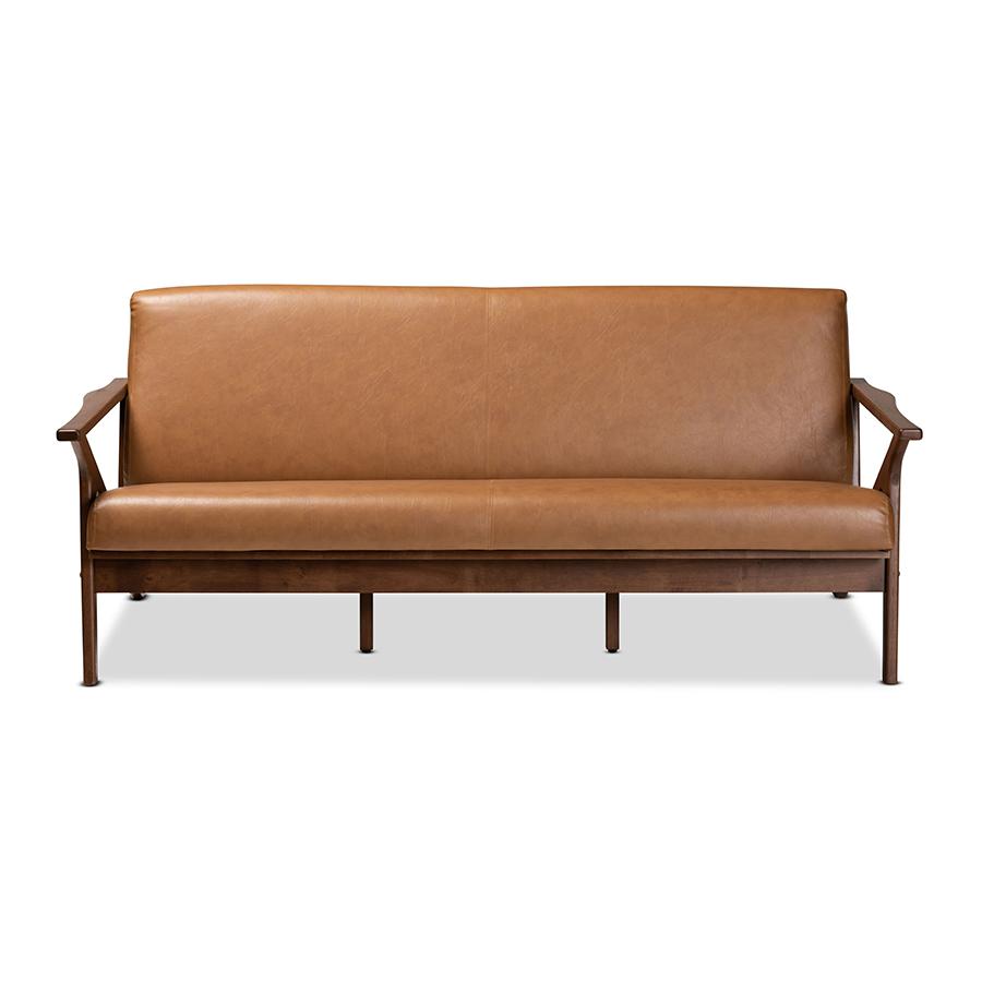 Baxton Studio Bianca Mid-Century Modern Walnut Brown Finished Wood and Tan Faux Leather Effect Sofa. Picture 2