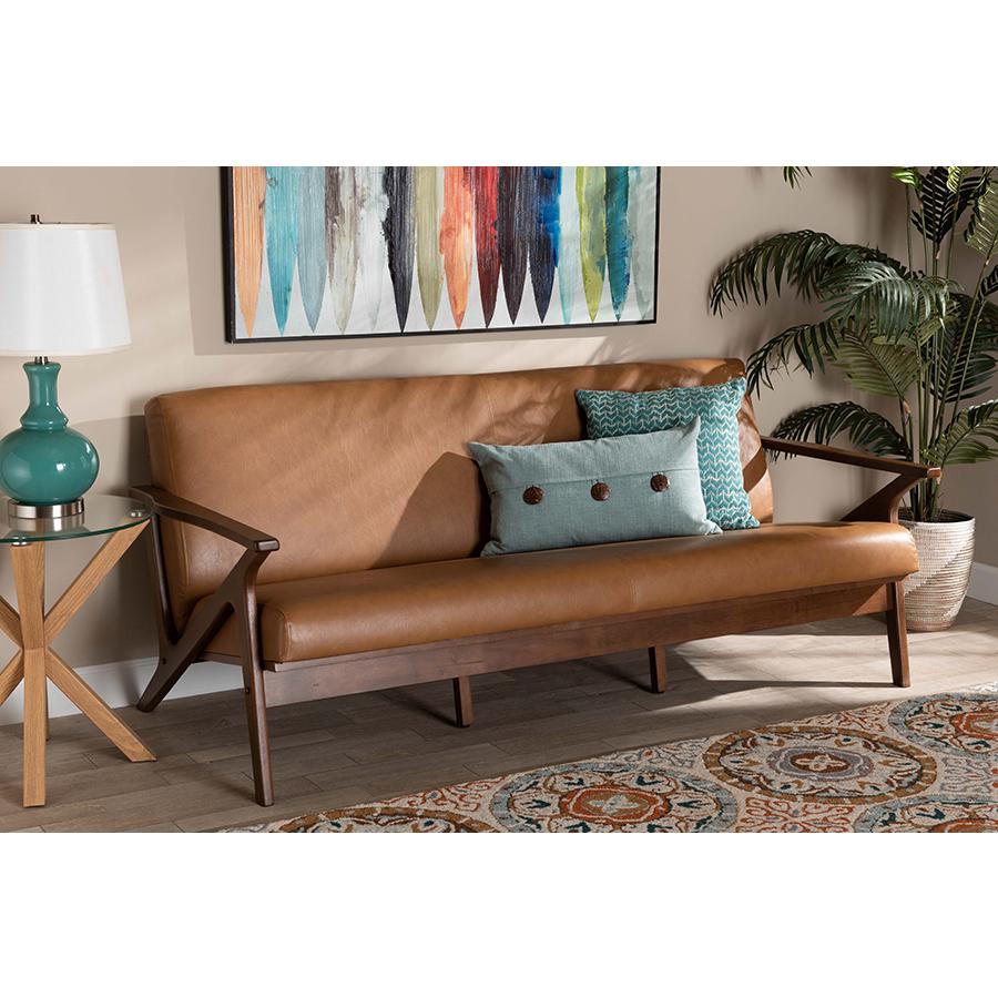 Baxton Studio Bianca Mid-Century Modern Walnut Brown Finished Wood and Tan Faux Leather Effect Sofa. Picture 7