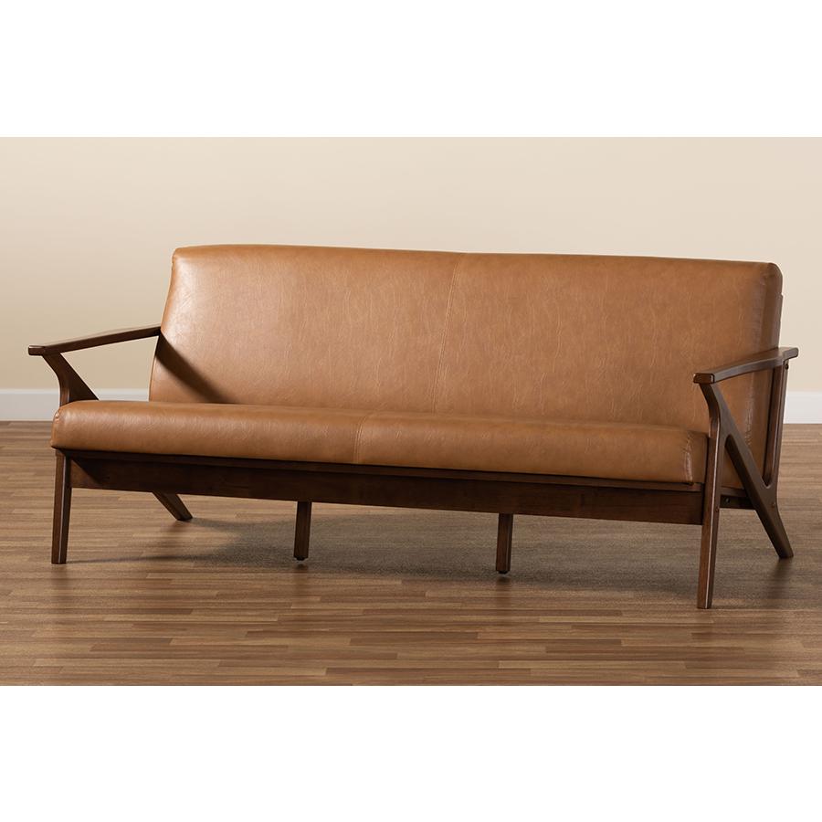 Baxton Studio Bianca Mid-Century Modern Walnut Brown Finished Wood and Tan Faux Leather Effect Sofa. Picture 8
