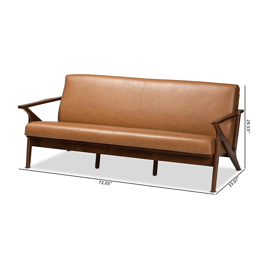 Baxton Studio Bianca Mid-Century Modern Walnut Brown Finished Wood and Tan Faux Leather Effect Sofa. Picture 9