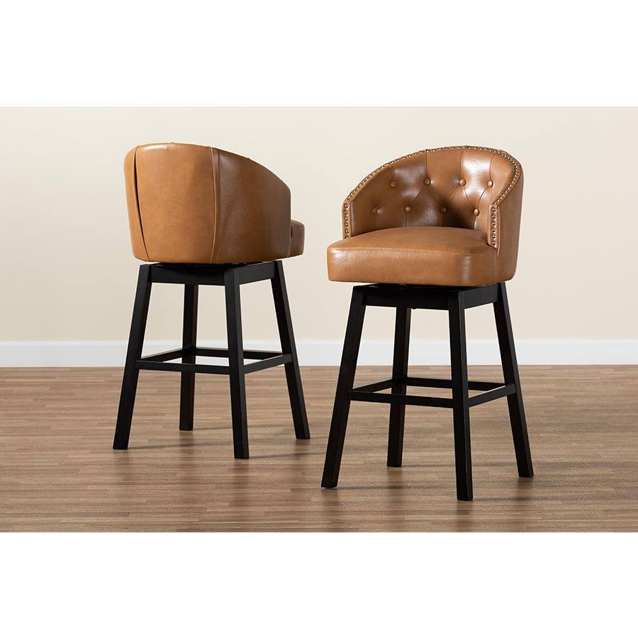 Leather Upholstered and Dark Brown Finished Wood 2-Piece Swivel Bar Stool Set. Picture 6