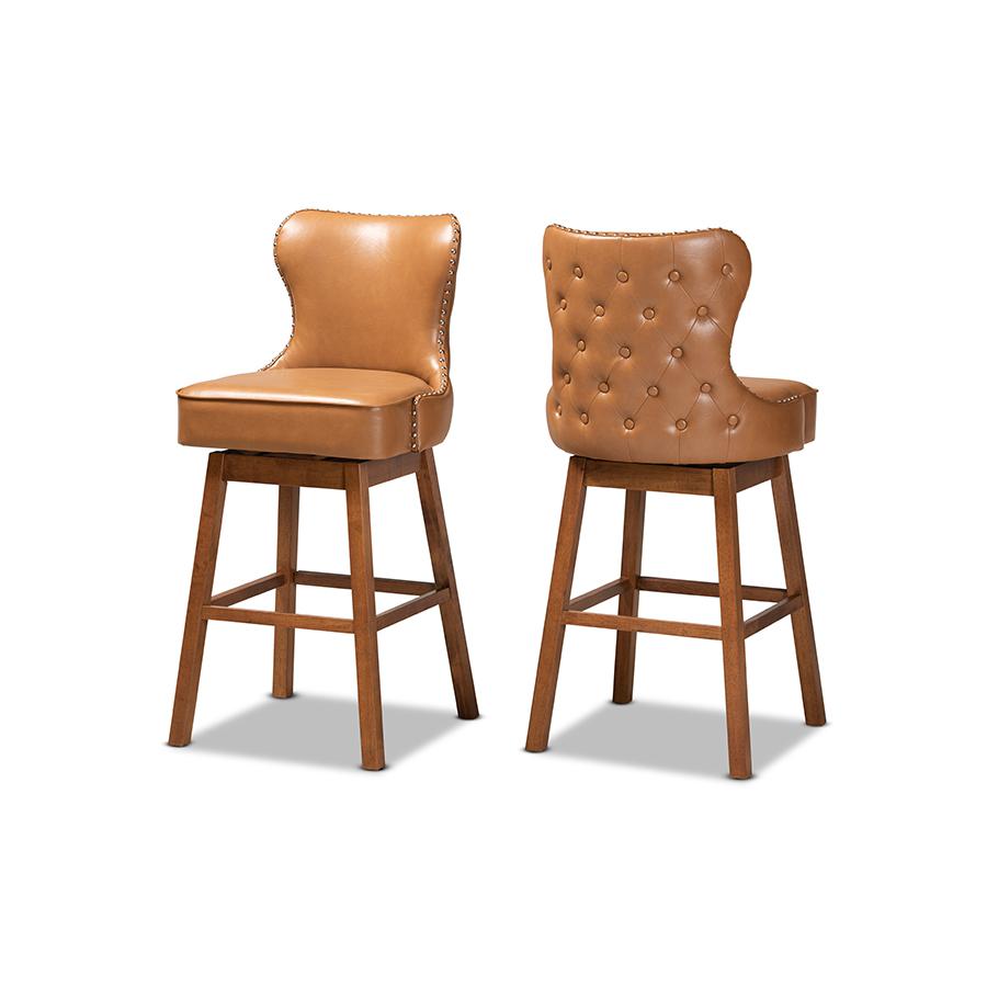 Leather Upholstered and Walnut Brown Finished Wood 2-Piece Swivel Bar Stool Set. Picture 1