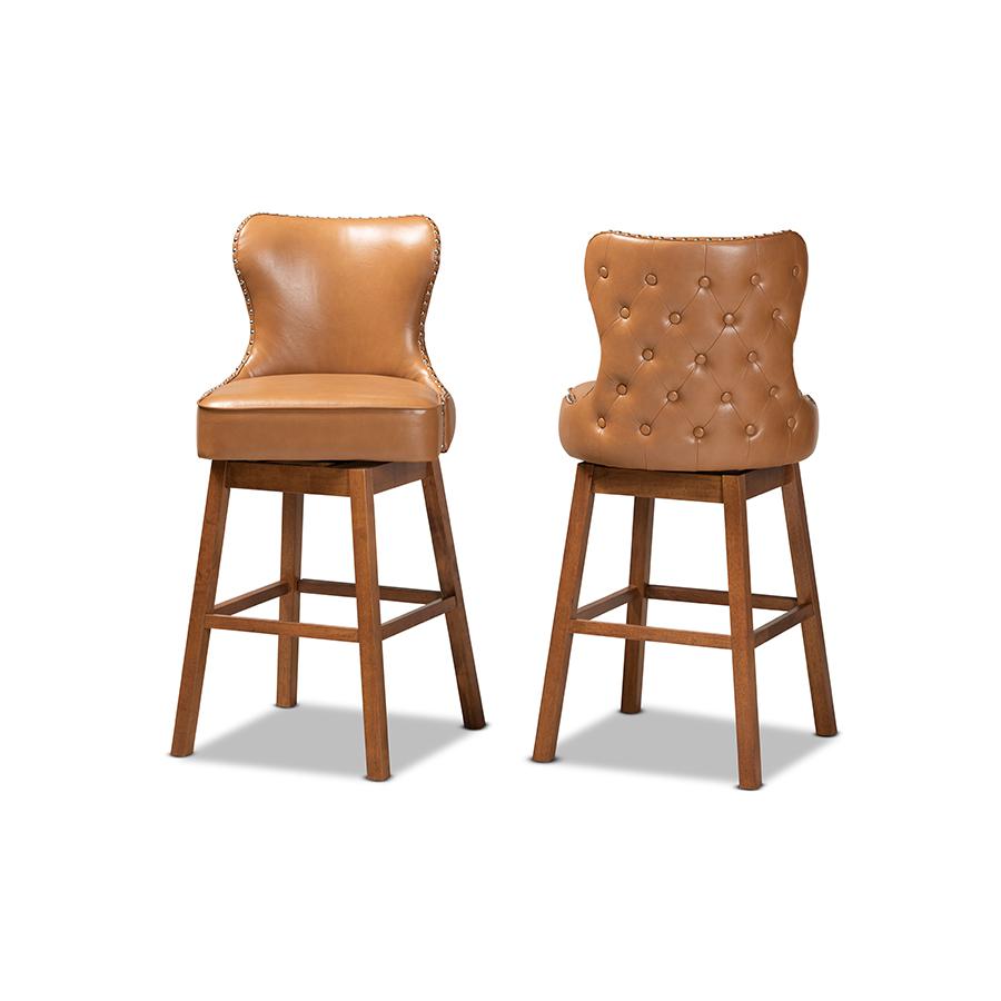 Leather Upholstered and Walnut Brown Finished Wood 2-Piece Swivel Bar Stool Set. Picture 2