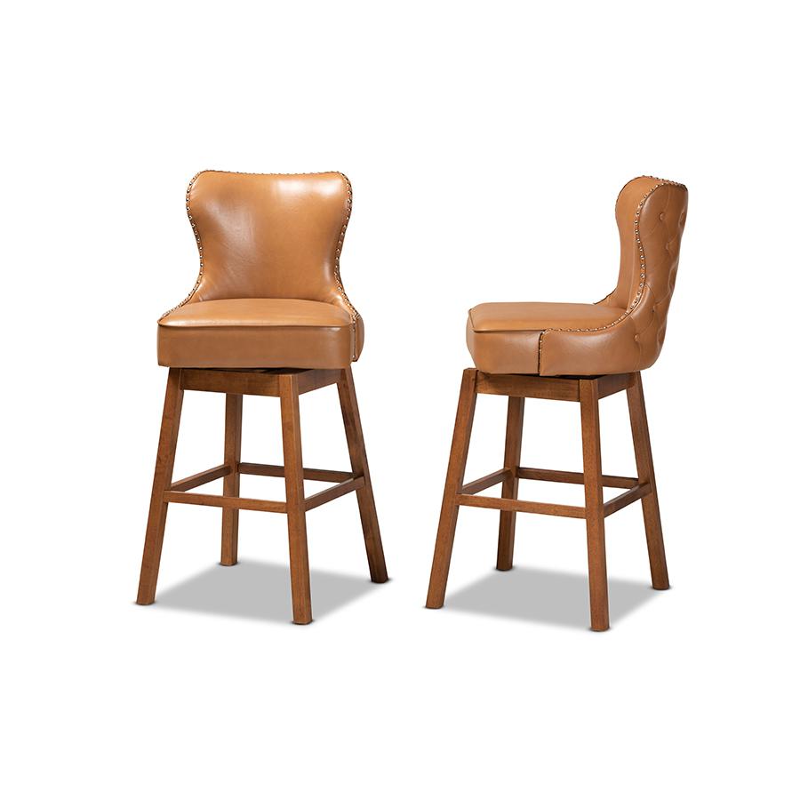 Leather Upholstered and Walnut Brown Finished Wood 2-Piece Swivel Bar Stool Set. Picture 3
