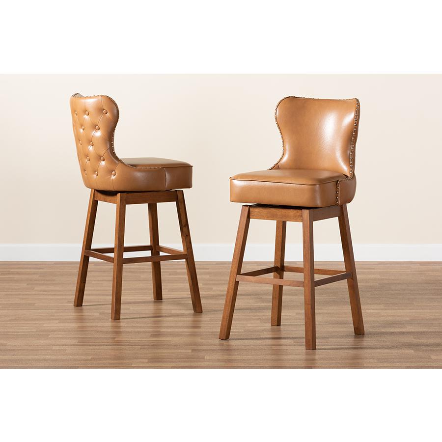 Leather Upholstered and Walnut Brown Finished Wood 2-Piece Swivel Bar Stool Set. Picture 8