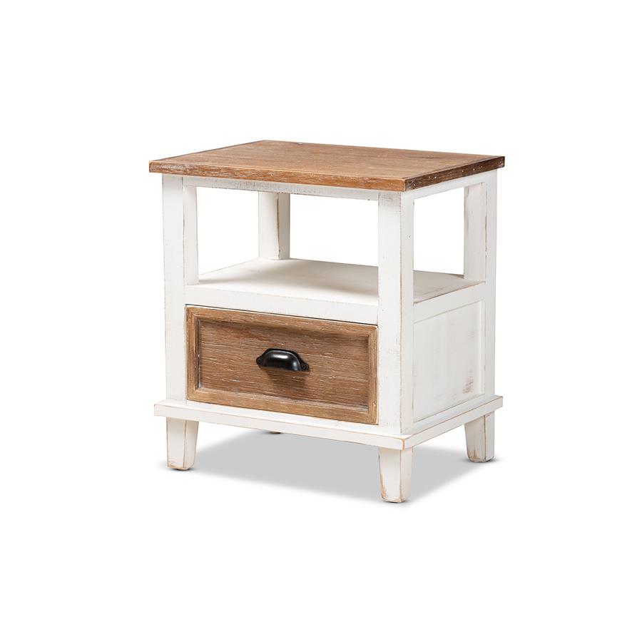 Baxton Studio Glynn Rustic Farmhouse Weathered Two-Tone White and Oak Brown Finished Wood 1-Drawer Nightstand. Picture 1