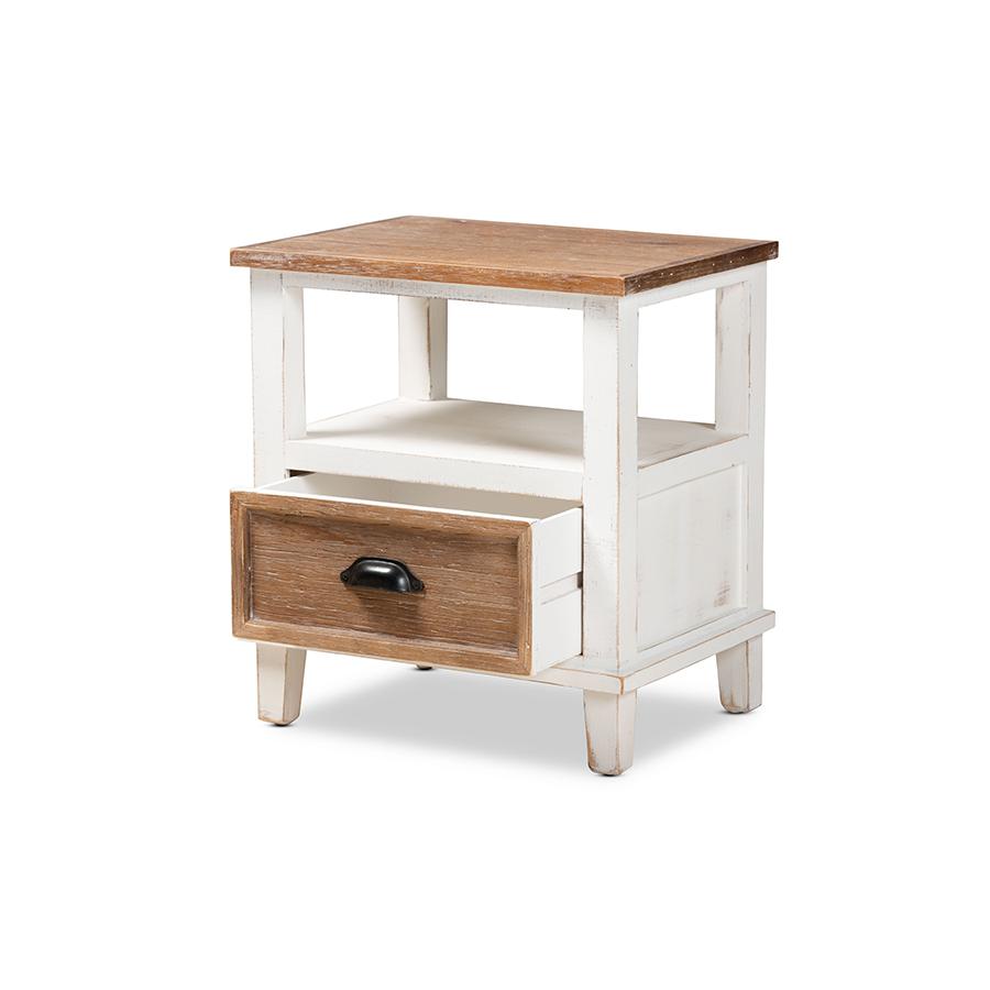 Baxton Studio Glynn Rustic Farmhouse Weathered Two-Tone White and Oak Brown Finished Wood 1-Drawer Nightstand. Picture 2