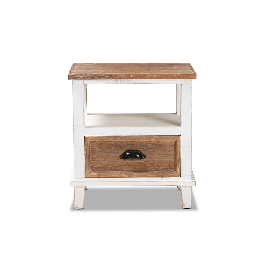 Baxton Studio Glynn Rustic Farmhouse Weathered Two-Tone White and Oak Brown Finished Wood 1-Drawer Nightstand. Picture 3