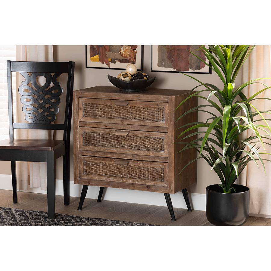 Whitewashed Natural Brown Finished Wood and Rattan 3-Drawer Storage Cabinet. Picture 7