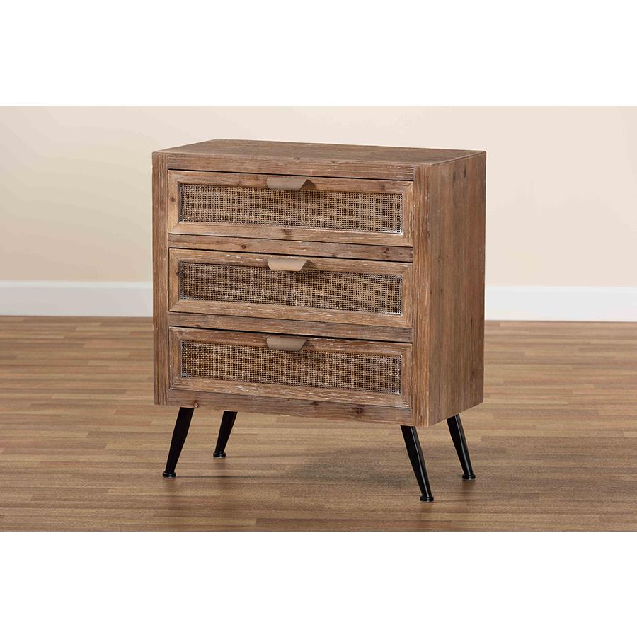 Whitewashed Natural Brown Finished Wood and Rattan 3-Drawer Storage Cabinet. Picture 8
