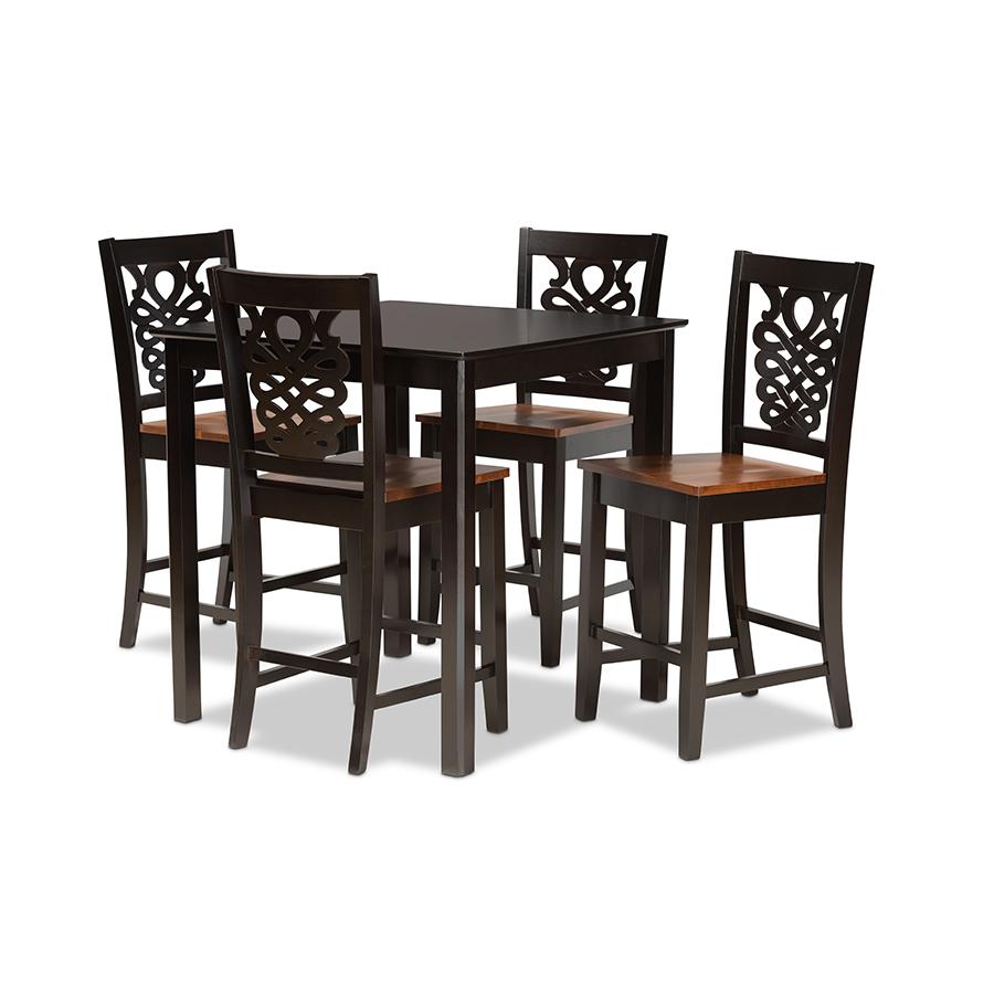 Transitional Two-Tone Dark Brown and Walnut Brown Finished Wood 5-Piece Pub Set. Picture 1