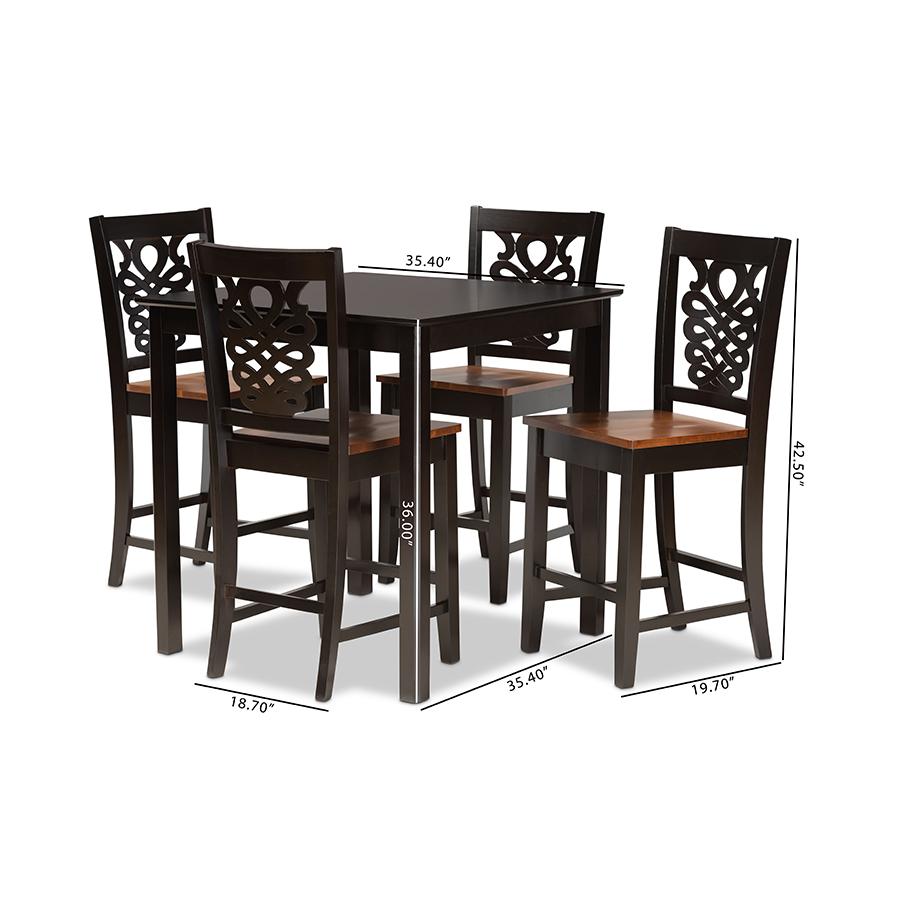 Transitional Two-Tone Dark Brown and Walnut Brown Finished Wood 5-Piece Pub Set. Picture 9