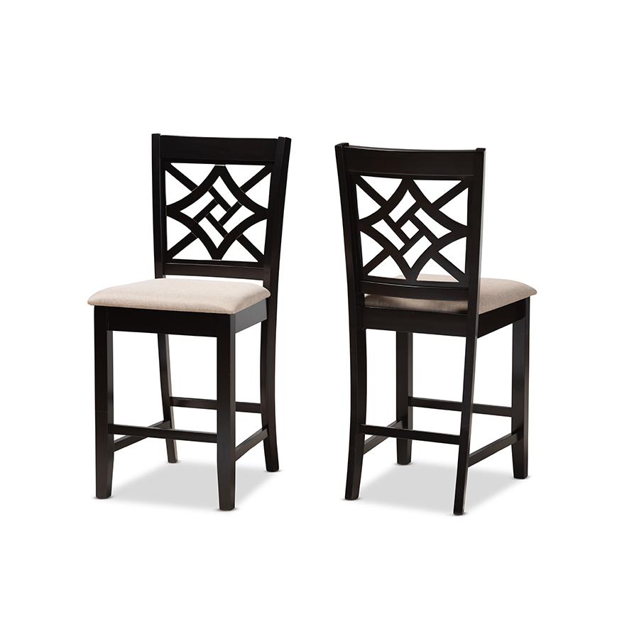 Sand Fabric Upholstered and Dark Brown Finished Wood 2-Piece Counter Stool Set. Picture 1