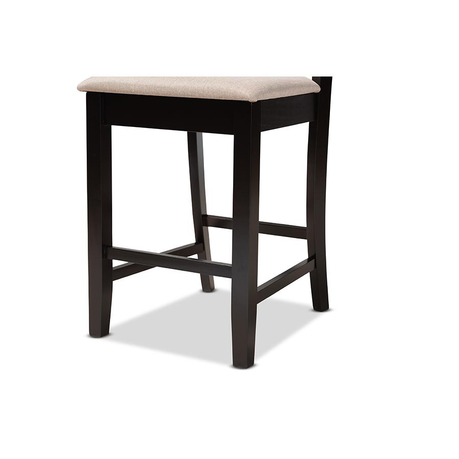 Sand Fabric Upholstered and Dark Brown Finished Wood 2-Piece Counter Stool Set. Picture 5