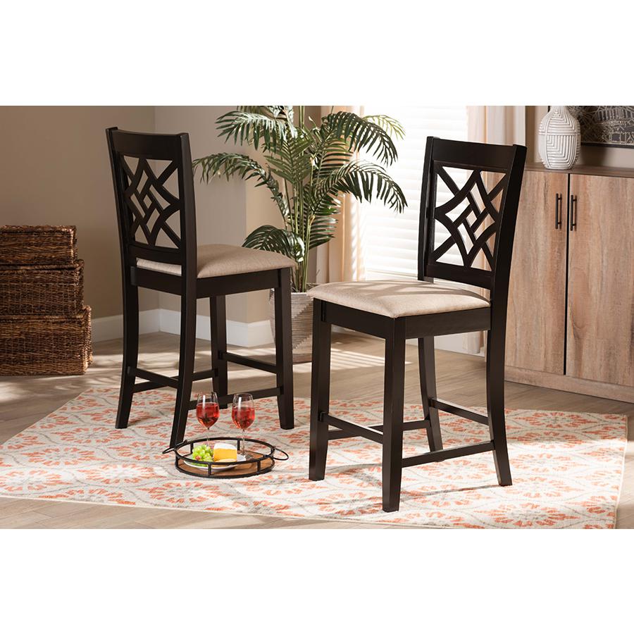 Sand Fabric Upholstered and Dark Brown Finished Wood 2-Piece Counter Stool Set. Picture 6