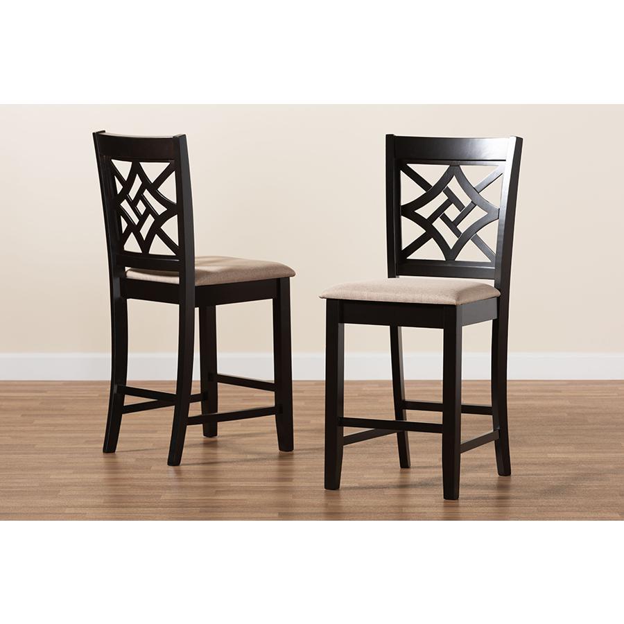 Sand Fabric Upholstered and Dark Brown Finished Wood 2-Piece Counter Stool Set. Picture 7