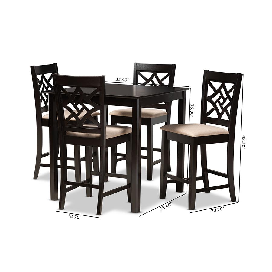Sand Fabric Upholstered and Dark Brown Finished Wood 5-Piece Pub Set. Picture 9