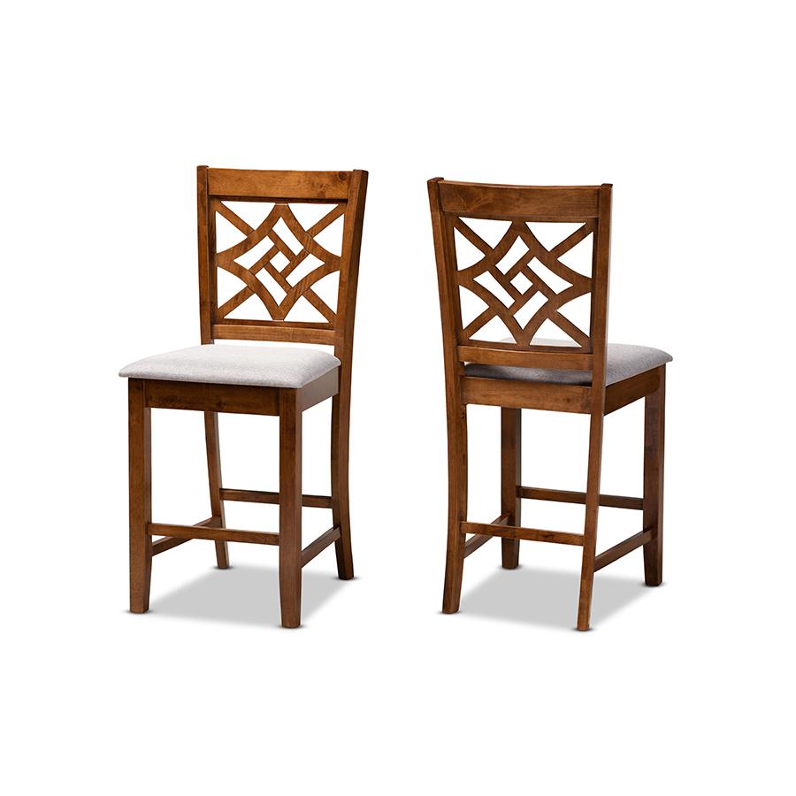 Nicolette Modern and Contemporary Grey Fabric Upholstered and Walnut Brown Finished Wood 2-Piece Counter Stool Set. The main picture.