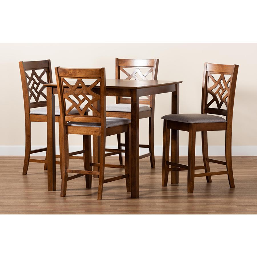 Grey Fabric Upholstered and Walnut Brown Finished Wood 5-Piece Pub Set. Picture 8