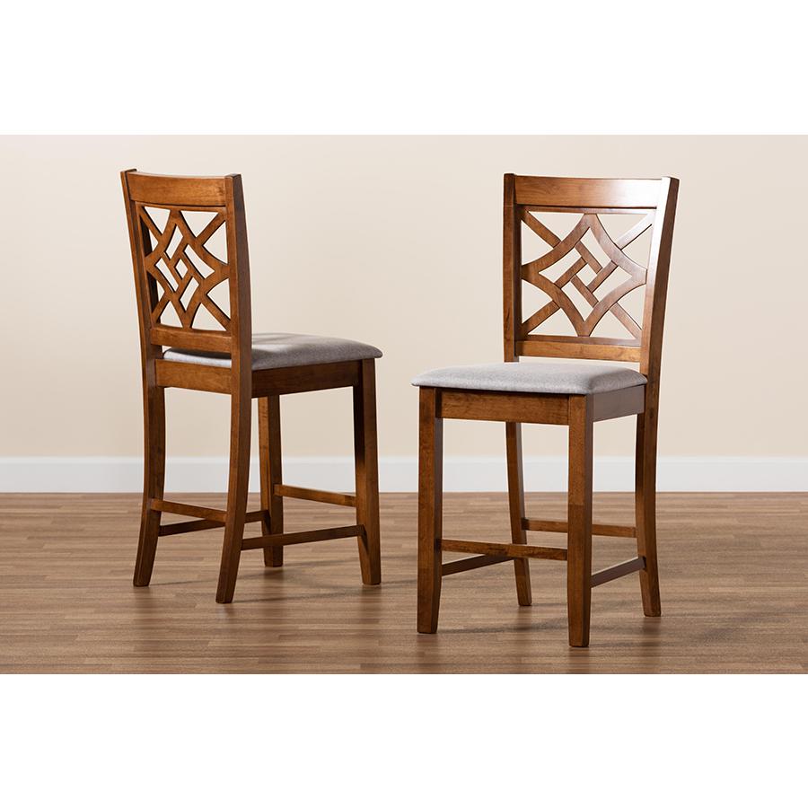 Nicolette Modern and Contemporary Grey Fabric Upholstered and Walnut Brown Finished Wood 2-Piece Counter Stool Set. Picture 7