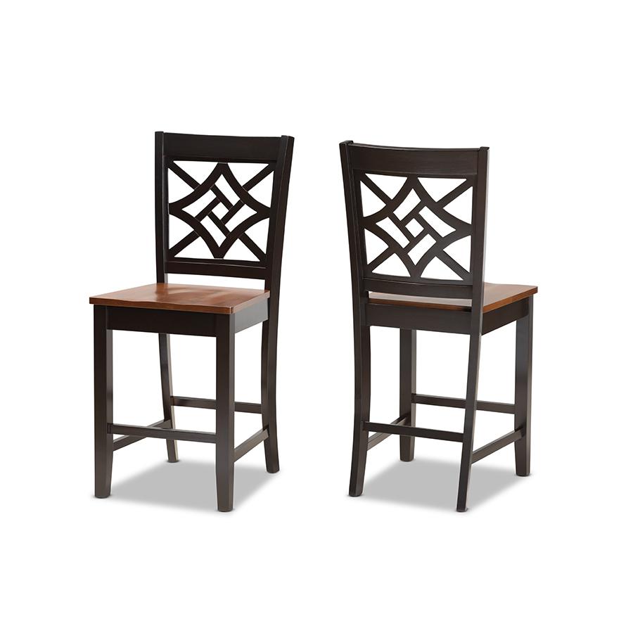Two-Tone Dark Brown and Walnut Brown Finished Wood 2-Piece Counter Stool Set. Picture 1