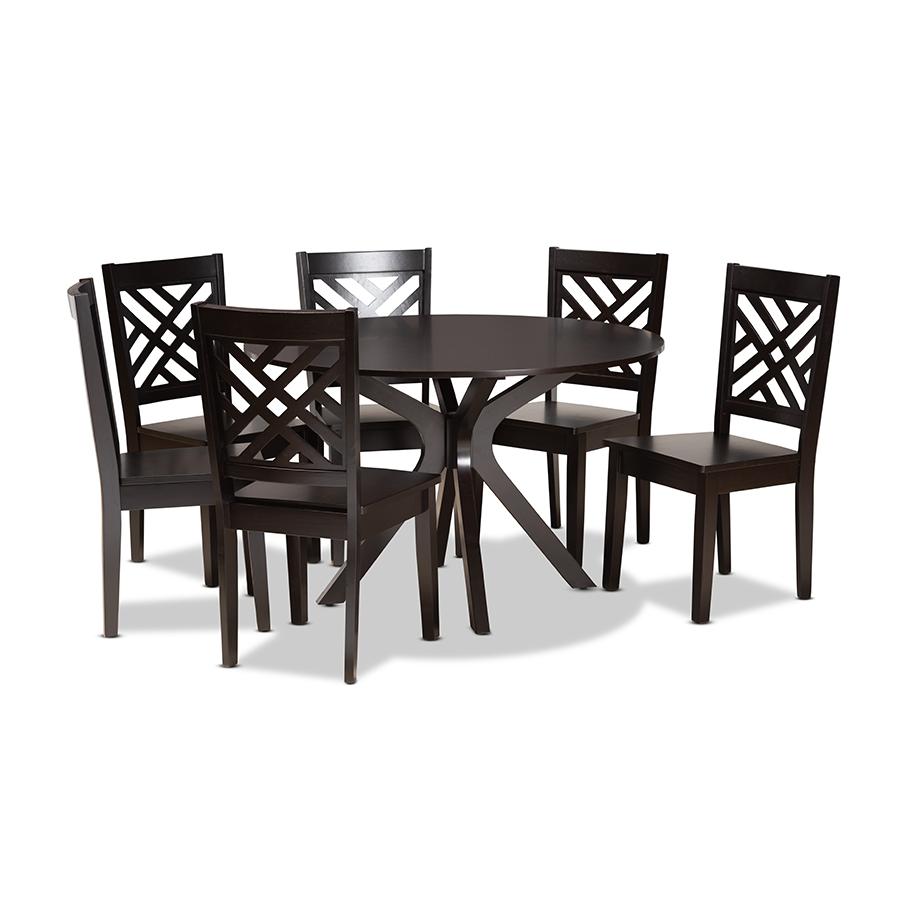 Ela Modern and Contemporary Dark Brown Finished Wood 7-Piece Dining Set. Picture 1