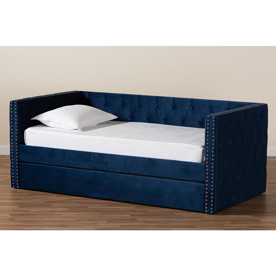 Navy Blue Velvet Fabric Upholstered Twin Size Daybed with Trundle. Picture 10