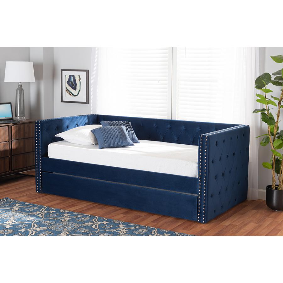 Navy Blue Velvet Fabric Upholstered Twin Size Daybed with Trundle. Picture 8