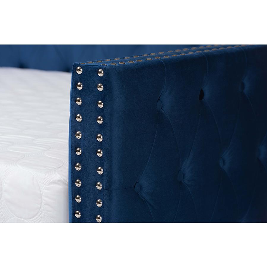 Navy Blue Velvet Fabric Upholstered Full Size Daybed with Trundle. Picture 7