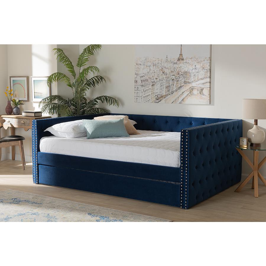 Navy Blue Velvet Fabric Upholstered Full Size Daybed with Trundle. Picture 8