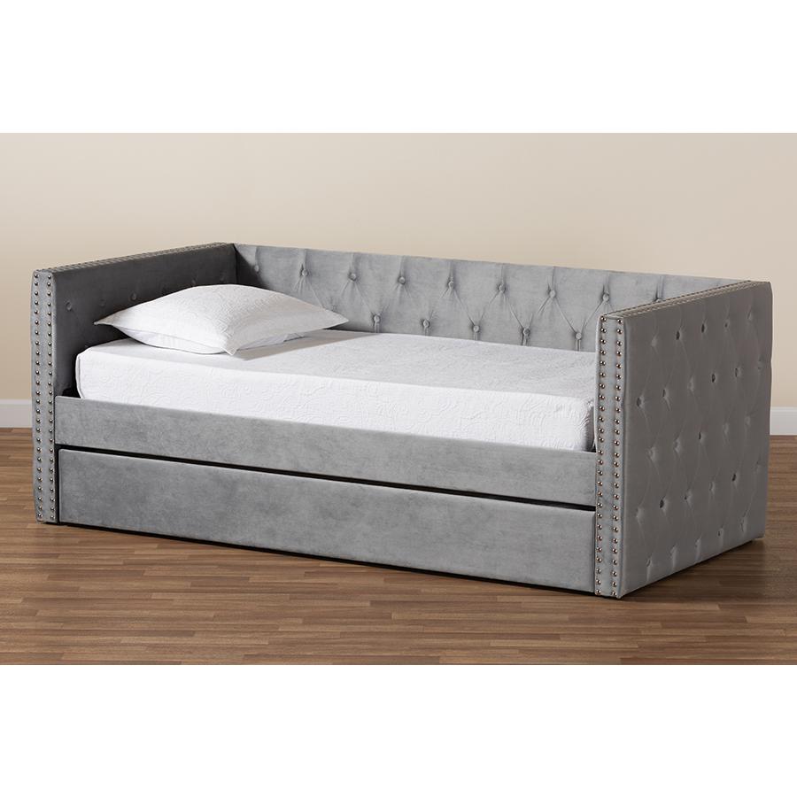 Grey Velvet Fabric Upholstered Twin Size Daybed with Trundle. Picture 10