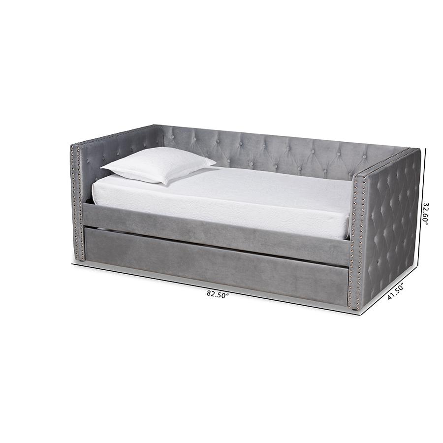 Grey Velvet Fabric Upholstered Twin Size Daybed with Trundle. Picture 11