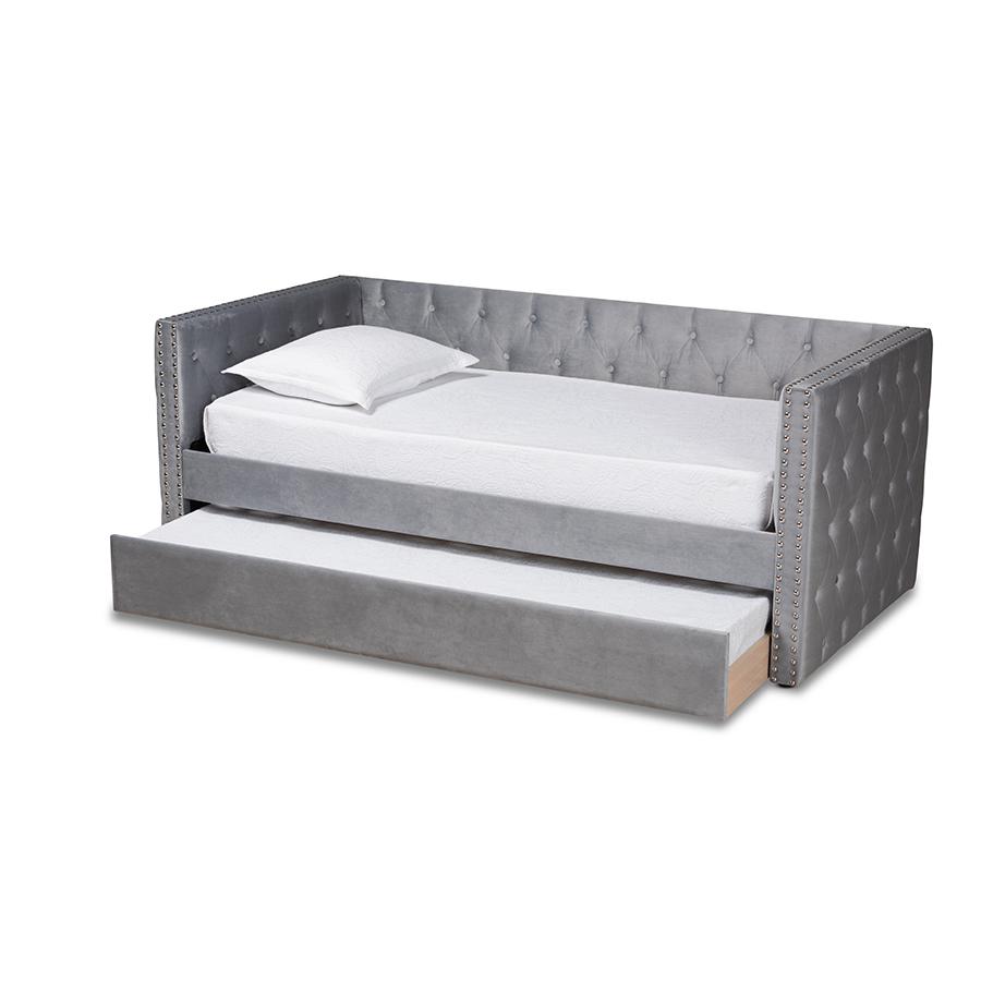 Grey Velvet Fabric Upholstered Twin Size Daybed with Trundle. Picture 2