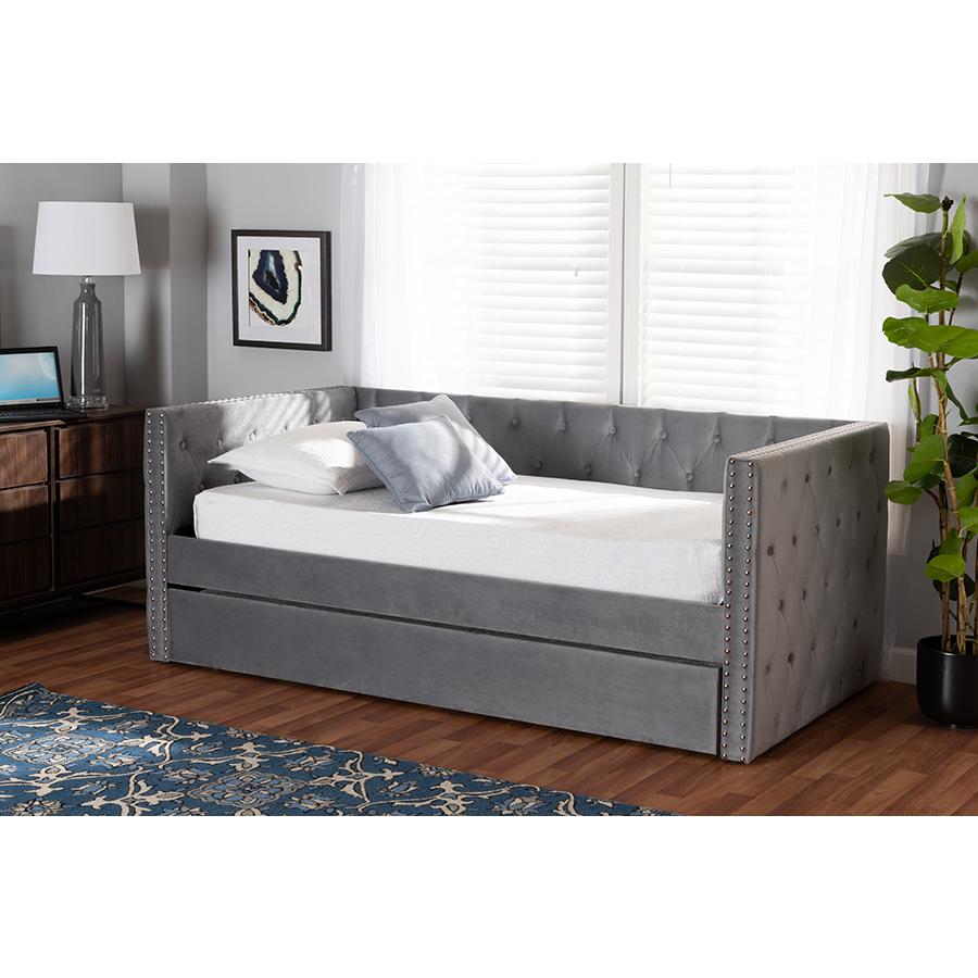 Grey Velvet Fabric Upholstered Twin Size Daybed with Trundle. Picture 8