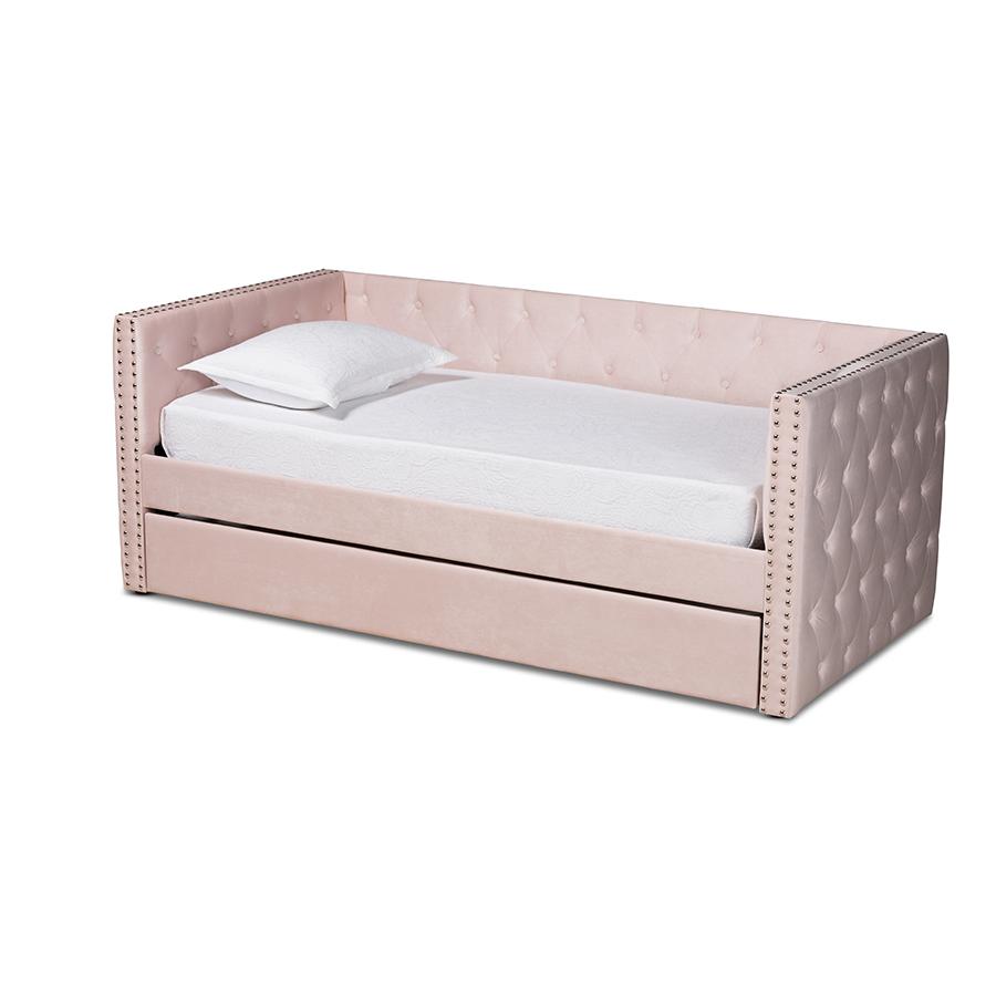 Pink Velvet Fabric Upholstered Twin Size Daybed with Trundle. The main picture.